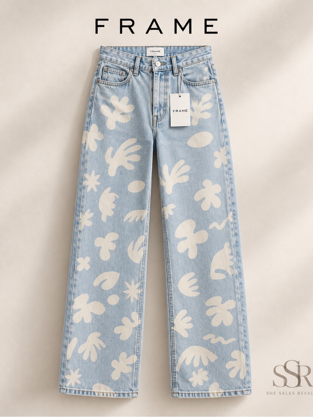 FRAME High Waist Baggy Jeans Tropical Chambray Abstract Size 25 Wide Leg Cotton